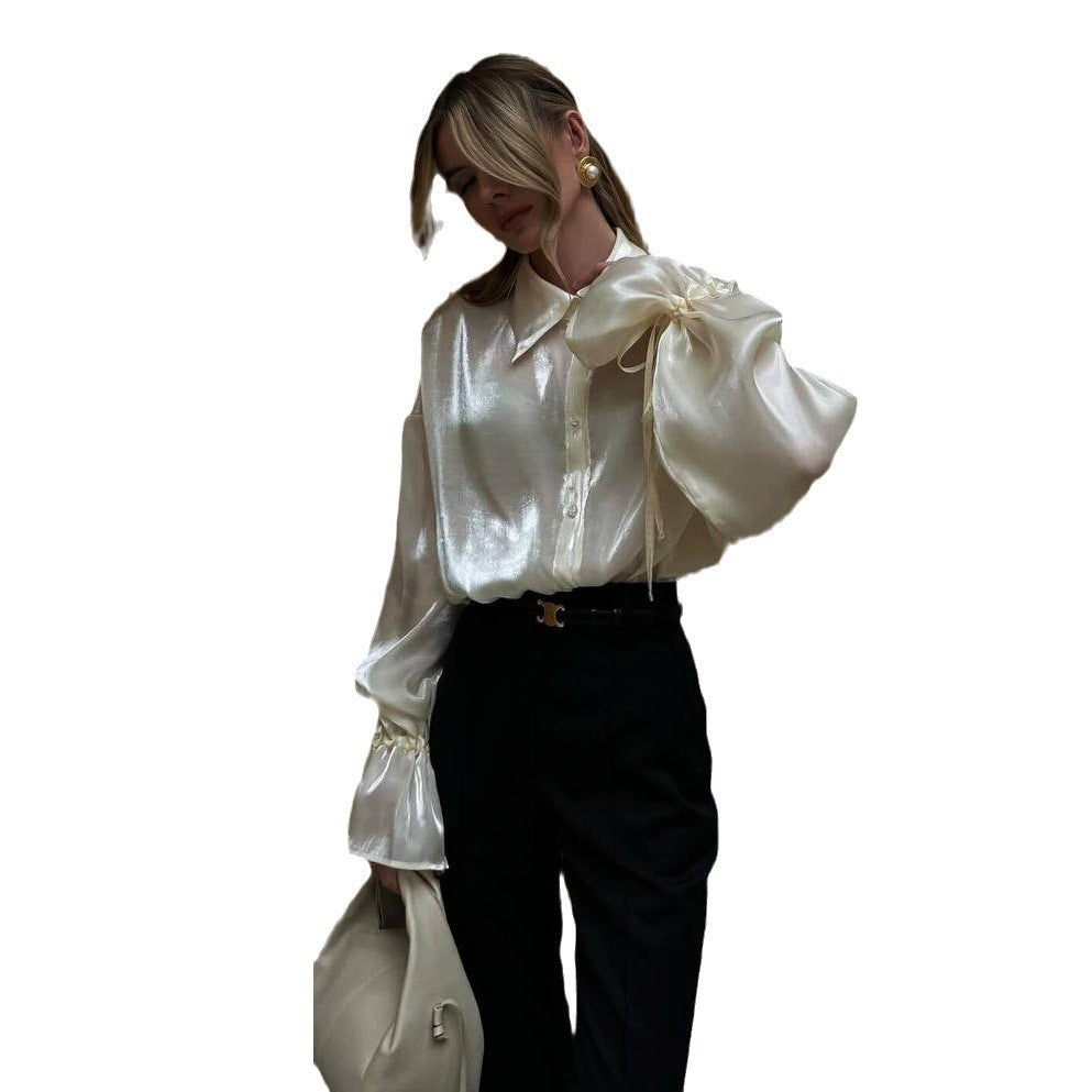 Damen Elegant geschnittene Satin-Bluse mit voluminösen Ärmeln und Binde-Details Stalluxe