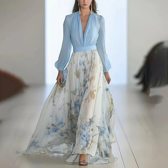 Damen Elegantes Maxikleid mit floralem Print und tiefem V-Ausschnitt Stalluxe