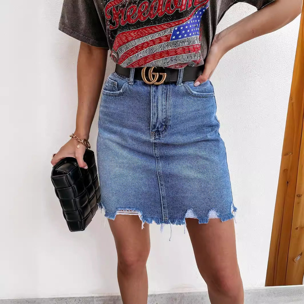 Damen Jeansrock mit fransigem Saum und hohem Sitz Stalluxe