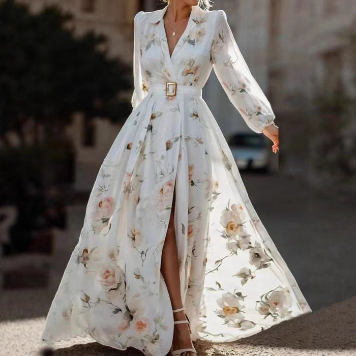 Damen Elegantes Maxikleid mit floralen Applikationen und tiefem V-Ausschnitt Stalluxe