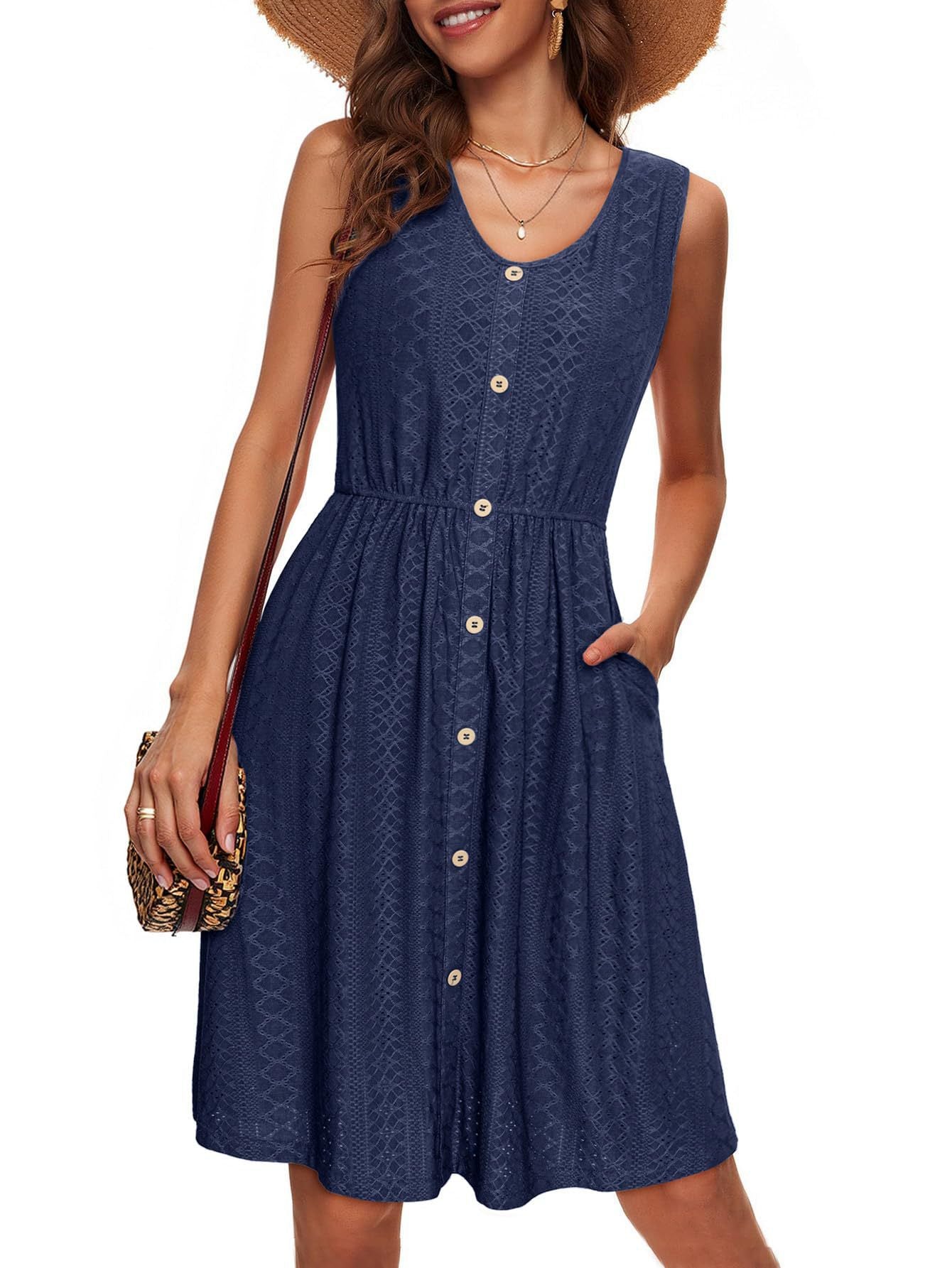 Damen Sommerliches Knopfkleid mit elastischem Taillenband und praktischen Taschen Stalluxe