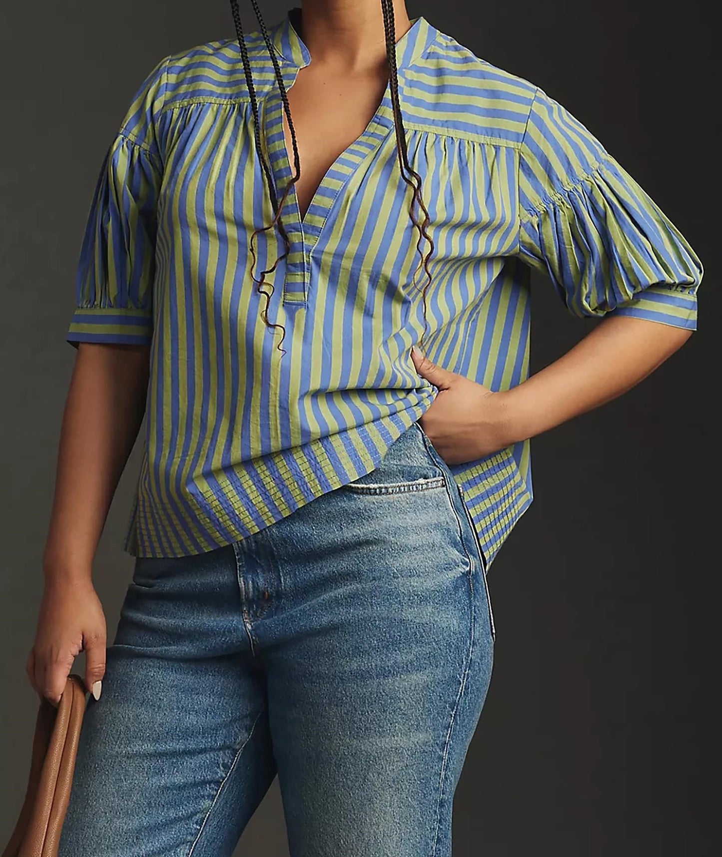 Damen Hemdblusenshirt mit Puffärmeln und gestreiftem Muster Stalluxe