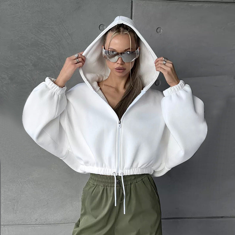 Damen cropped Fleece-Hoodie mit Kordelzug und weiten Ärmeln Stalluxe