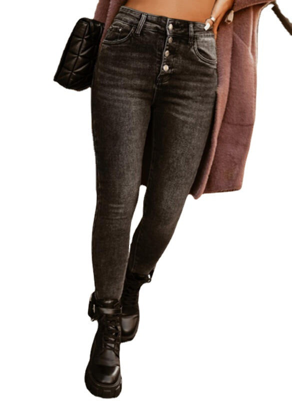 Damen figurbetonte Jeans mit hoher Taille und klassischem Knopfverschluss Stalluxe