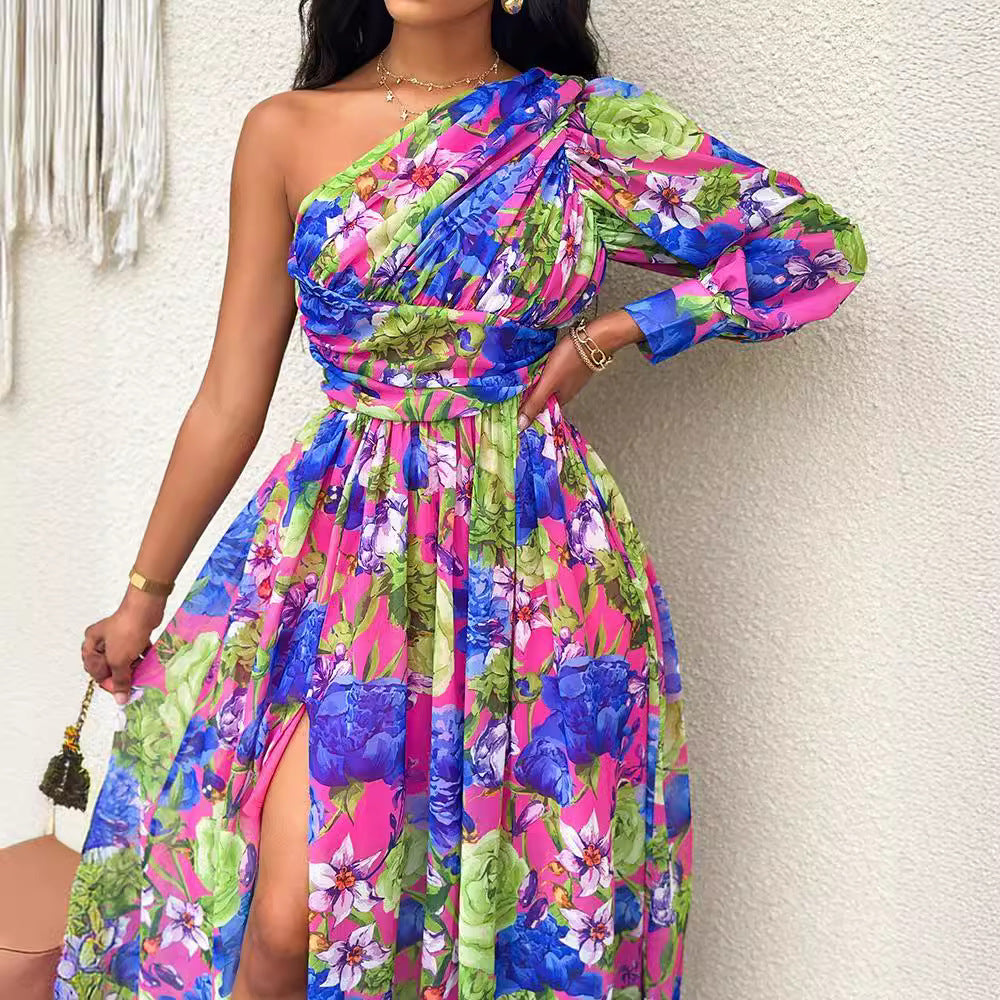 Damen Exquisites One-Shoulder Maxikleid mit floralem Design und Schlitz Stalluxe