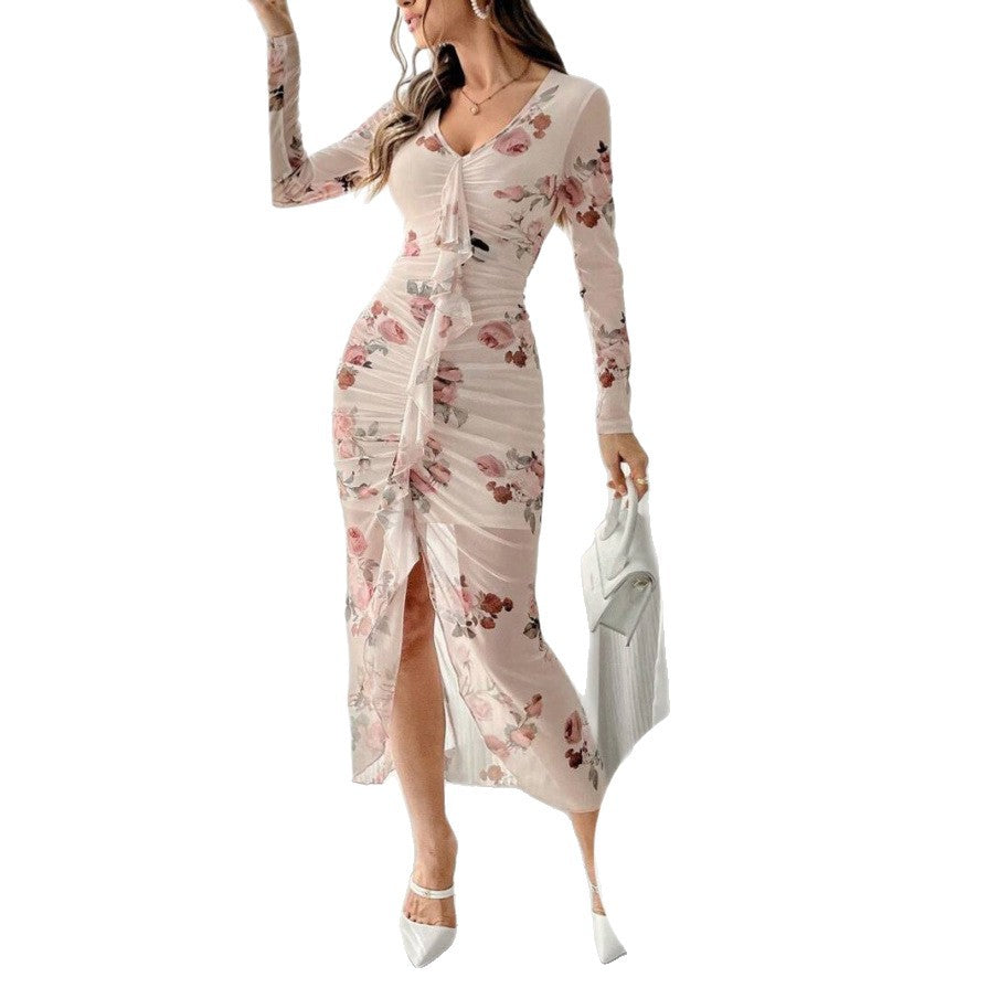Damen Kleid mit Raffung und Blumenmuster Stalluxe
