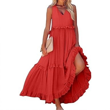Damen Maxi-Kleid mit V-Ausschnitt und voluminösem Saum Stalluxe