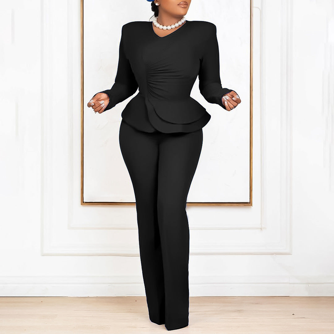 Damen Peplum Overall mit langen Ärmeln und elegantem V-Ausschnitt Stalluxe