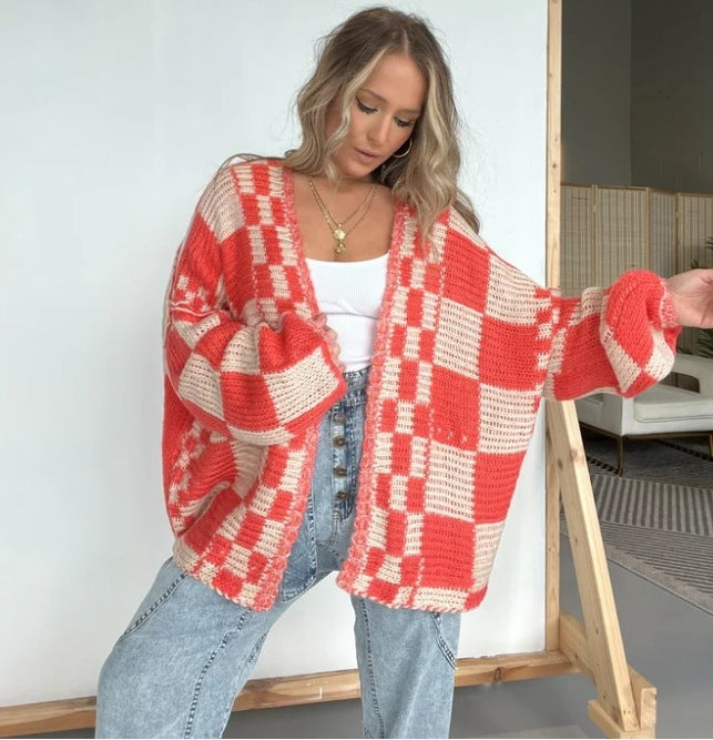 Damen Übergroße Karomuster-Strickjacke mit Taschen Stalluxe
