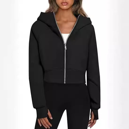 Damen Cropped Sweatjacke mit Reißverschluss und Kapuze Stalluxe