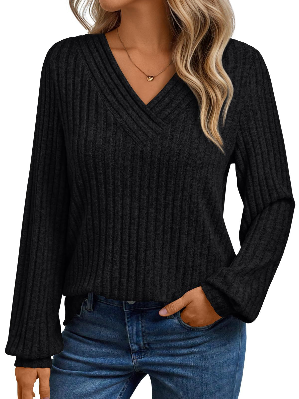Damen gemütliches Langarmshirt mit strukturiertem V-Ausschnitt Stalluxe