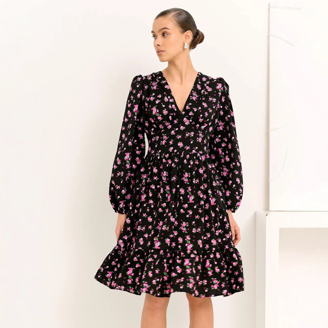 Damen elegantes Wickelkleid mit voluminösen Ärmeln und floralem Design Stalluxe
