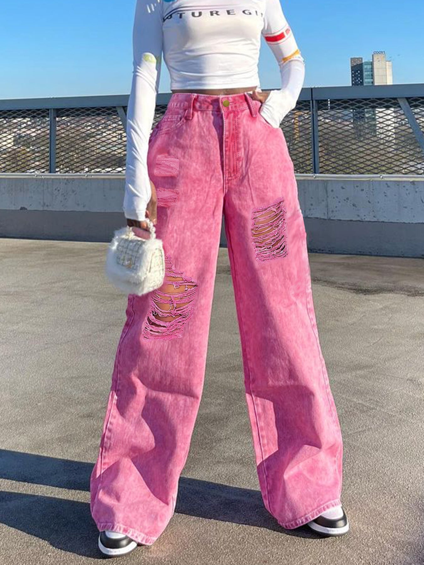 Damen Weit geschnittene Jeans mit modischen Destroyed-Details Stalluxe