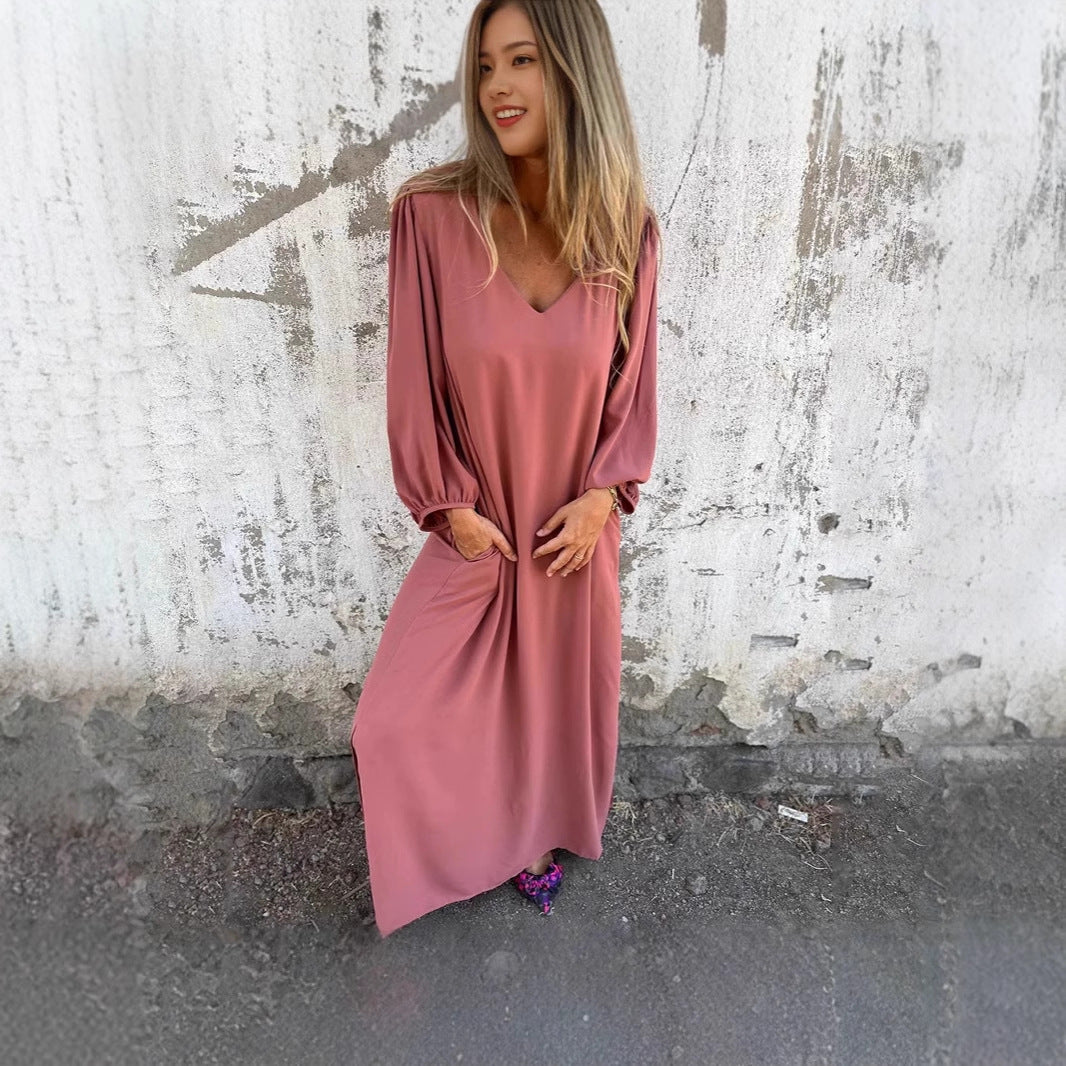 Damen Elegantes V- Ausschnitt Midikleid mit voluminösen Ärmeln Stalluxe