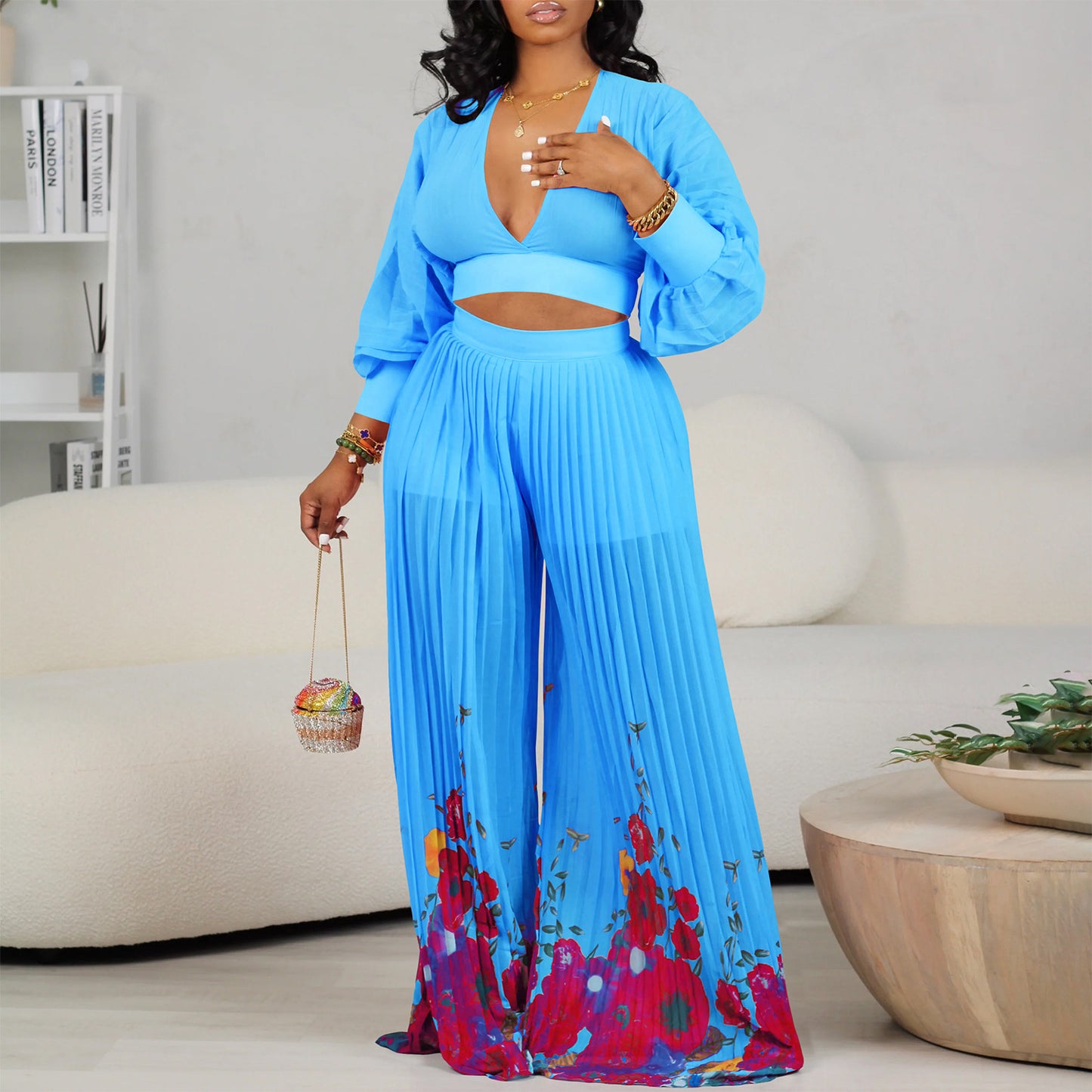 Damen Eleganter Jumpsuit mit weitem Bein und Blumenmuster Stalluxe