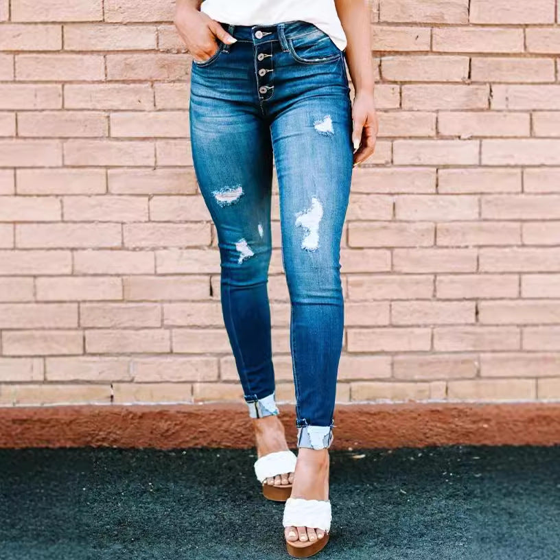 Damen High-Waist Skinny Jeans mit modischen Knopfdetails Stalluxe