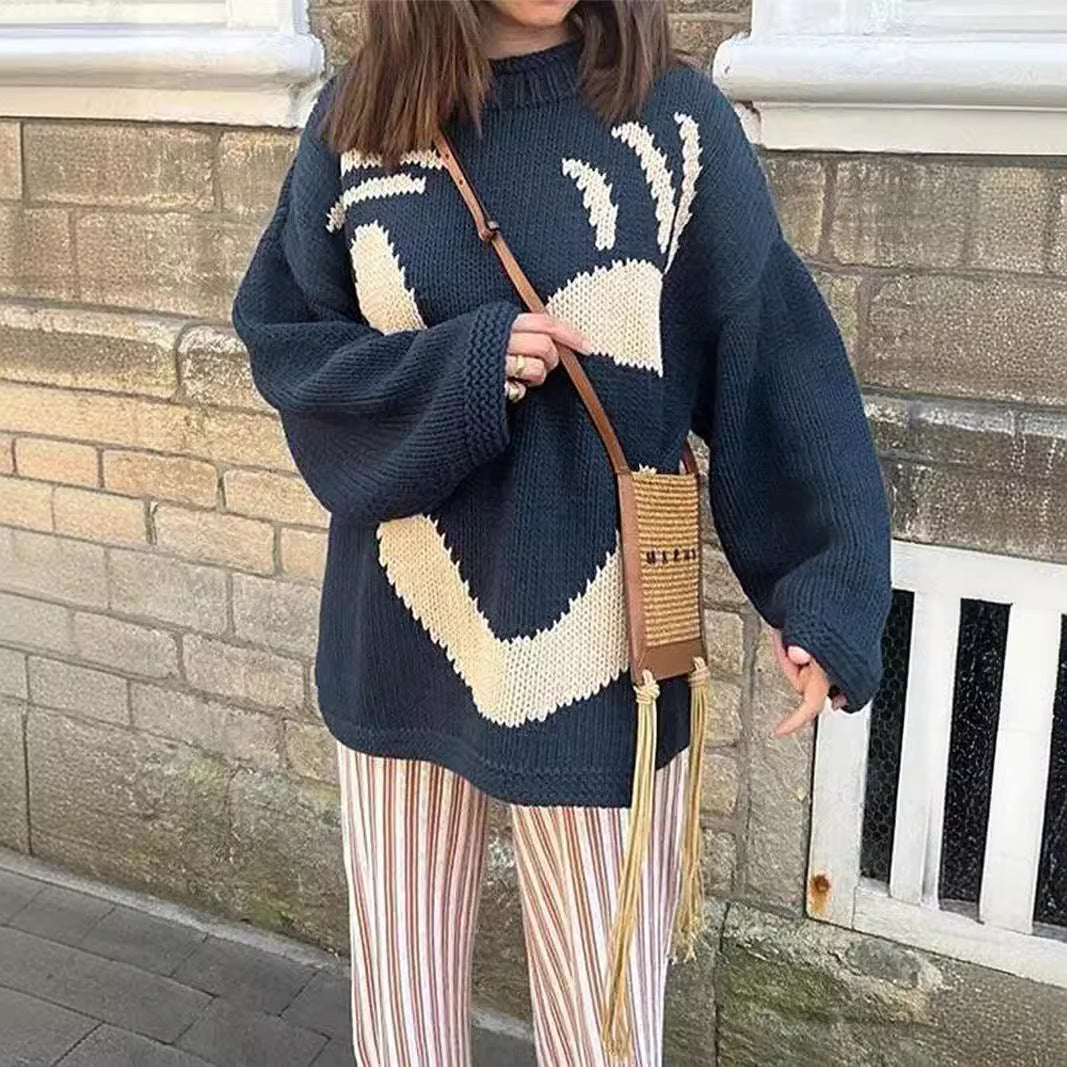 Damen Grobstrickpullover mit kreativem Smiley-Motiv Stalluxe