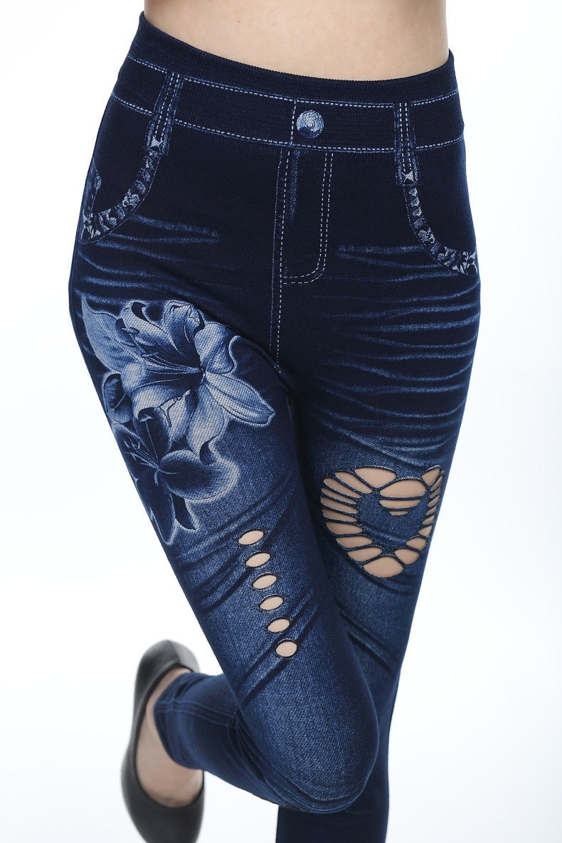 Damen Floral-Design Hochbund-Leggings aus Denim Stalluxe