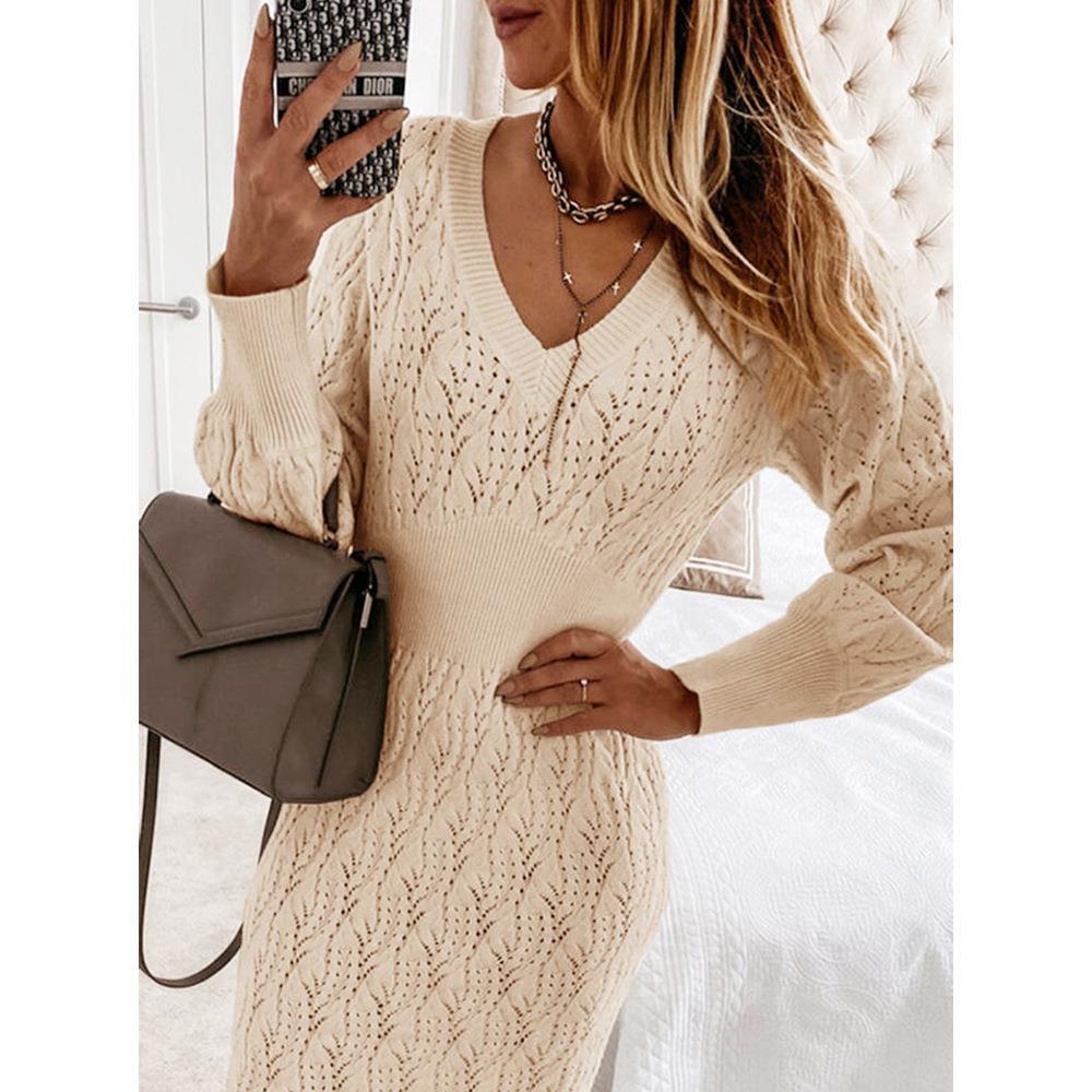Damen Strickkleid mit halbtransparentem Muster und schickem V-Ausschnitt Stalluxe