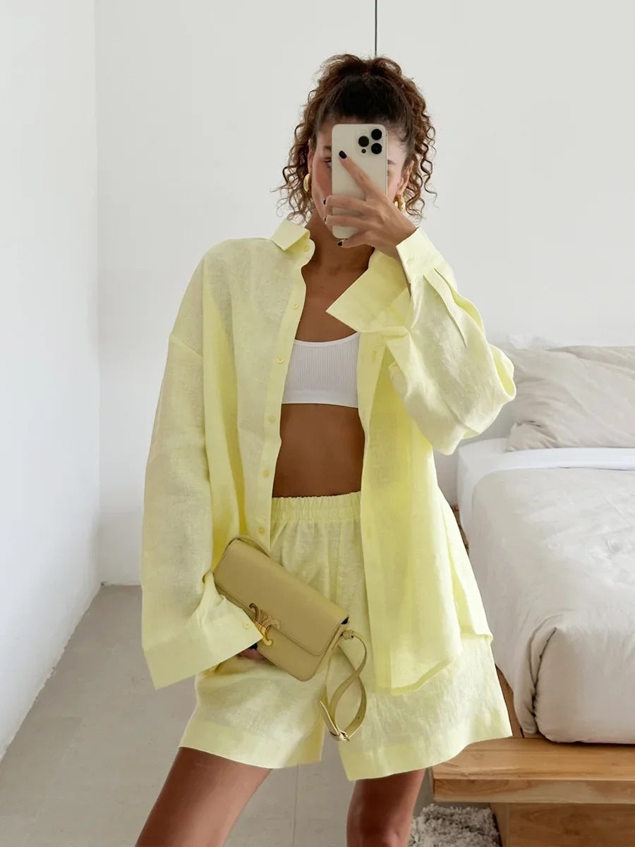Damen lässige Leinenbluse und Shorts Set Stalluxe