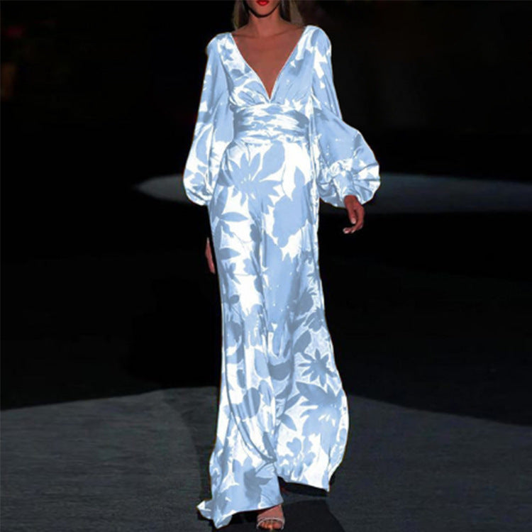 Damen Maxi-Kleid mit tiefem V-Ausschnitt und voluminösen Ärmeln Stalluxe