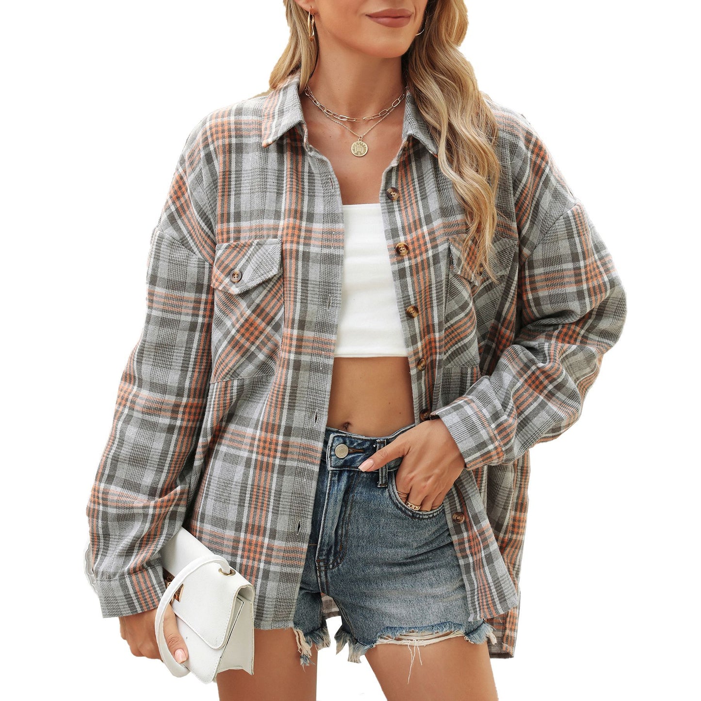 Damen karierte Hemdbluse mit oversized Schnitt und Brusttaschen Stalluxe