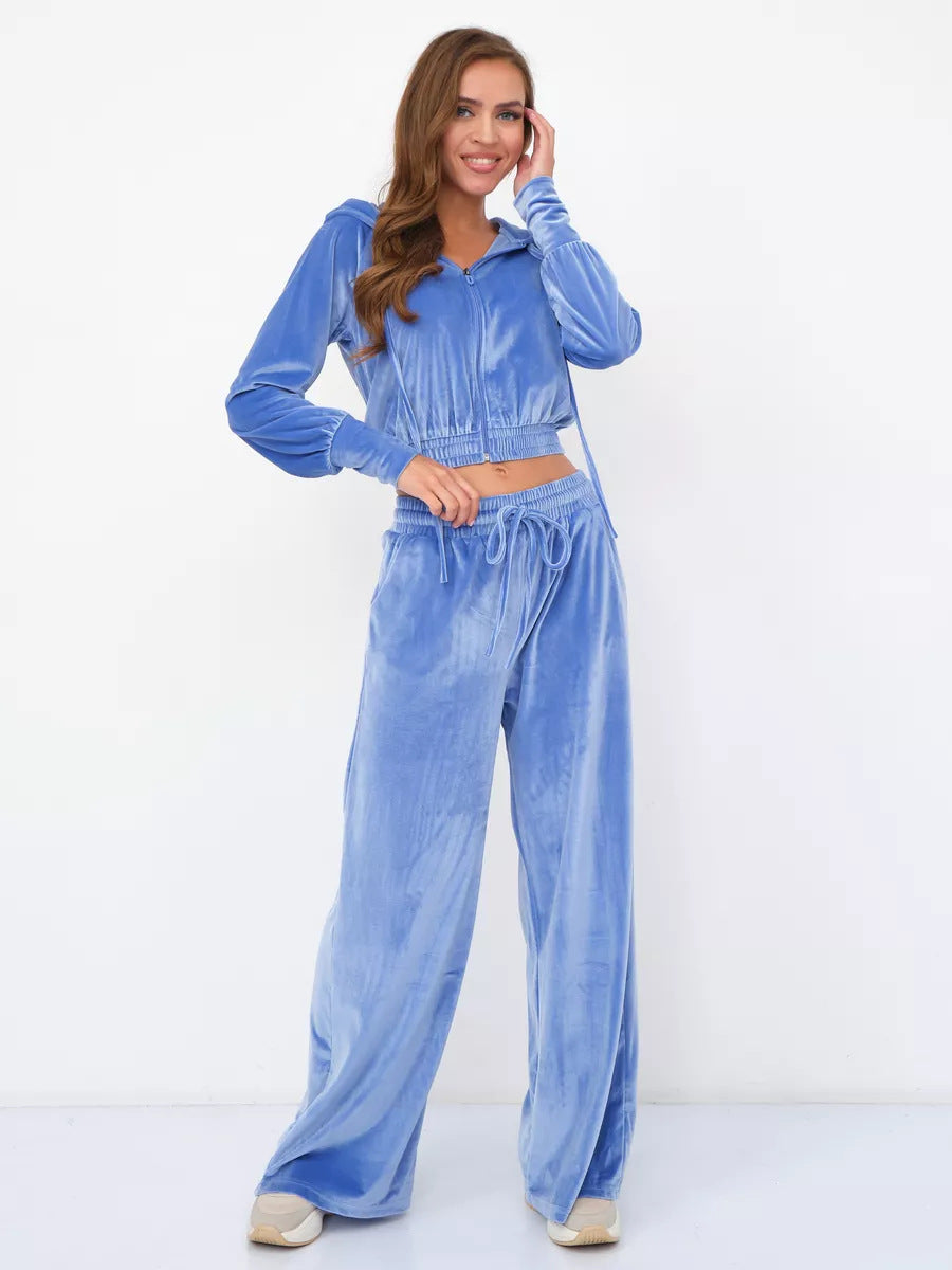 Damen luxuriöser Velours-Hoodie und weite Hose Set Stalluxe