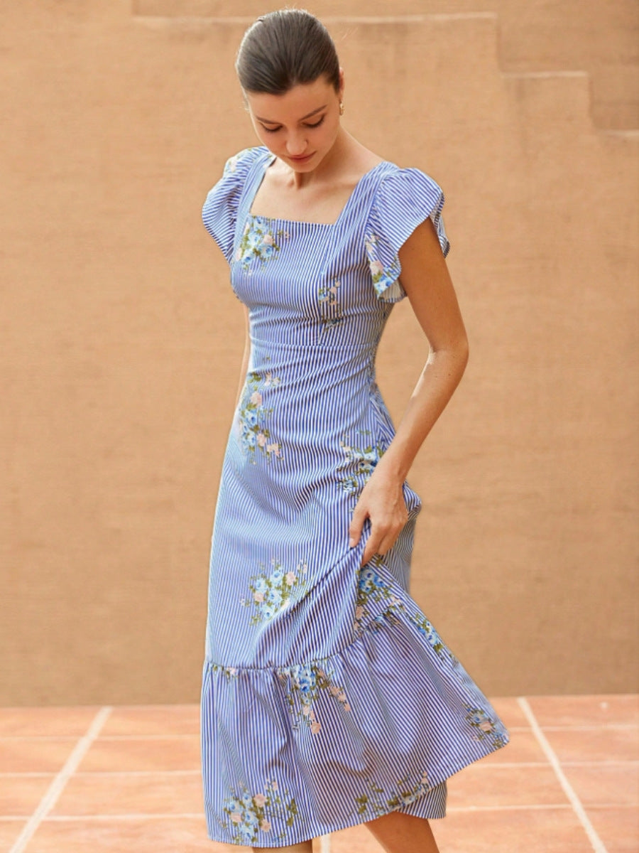 Damen Maxikleid mit floralem Streifenmuster und taillierter Silhouette Stalluxe