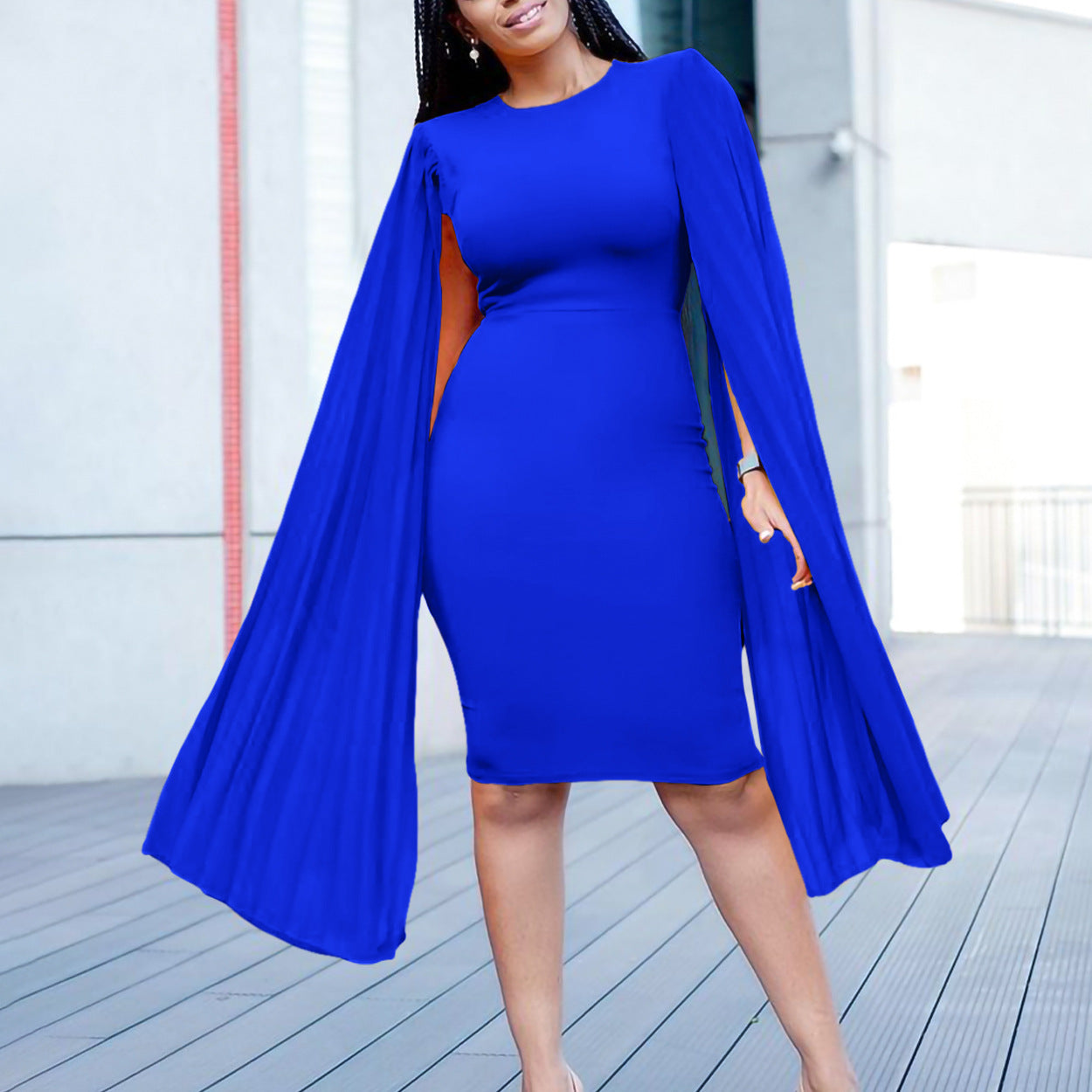 Damen elegantes Kleid mit plissierten Ärmeln und figurbetonter Silhouette Stalluxe
