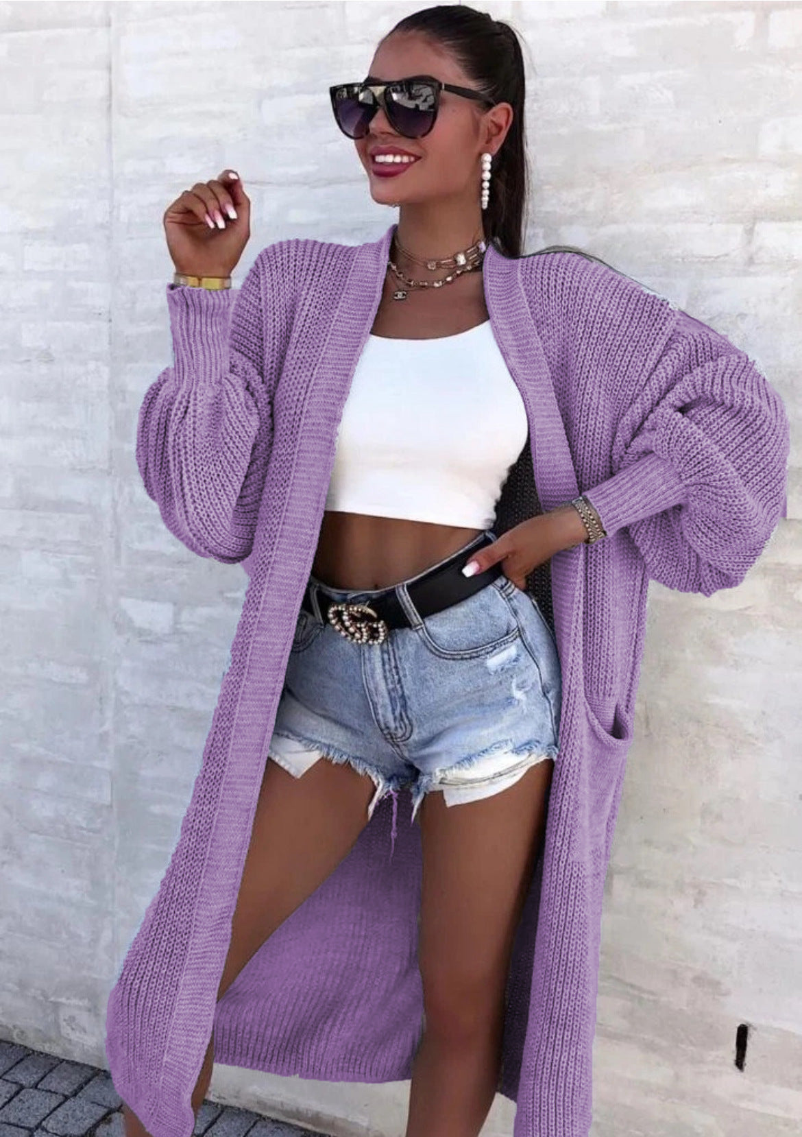 Damen Langer Strickcardigan mit weiten Ärmeln und praktischen Taschen Stalluxe