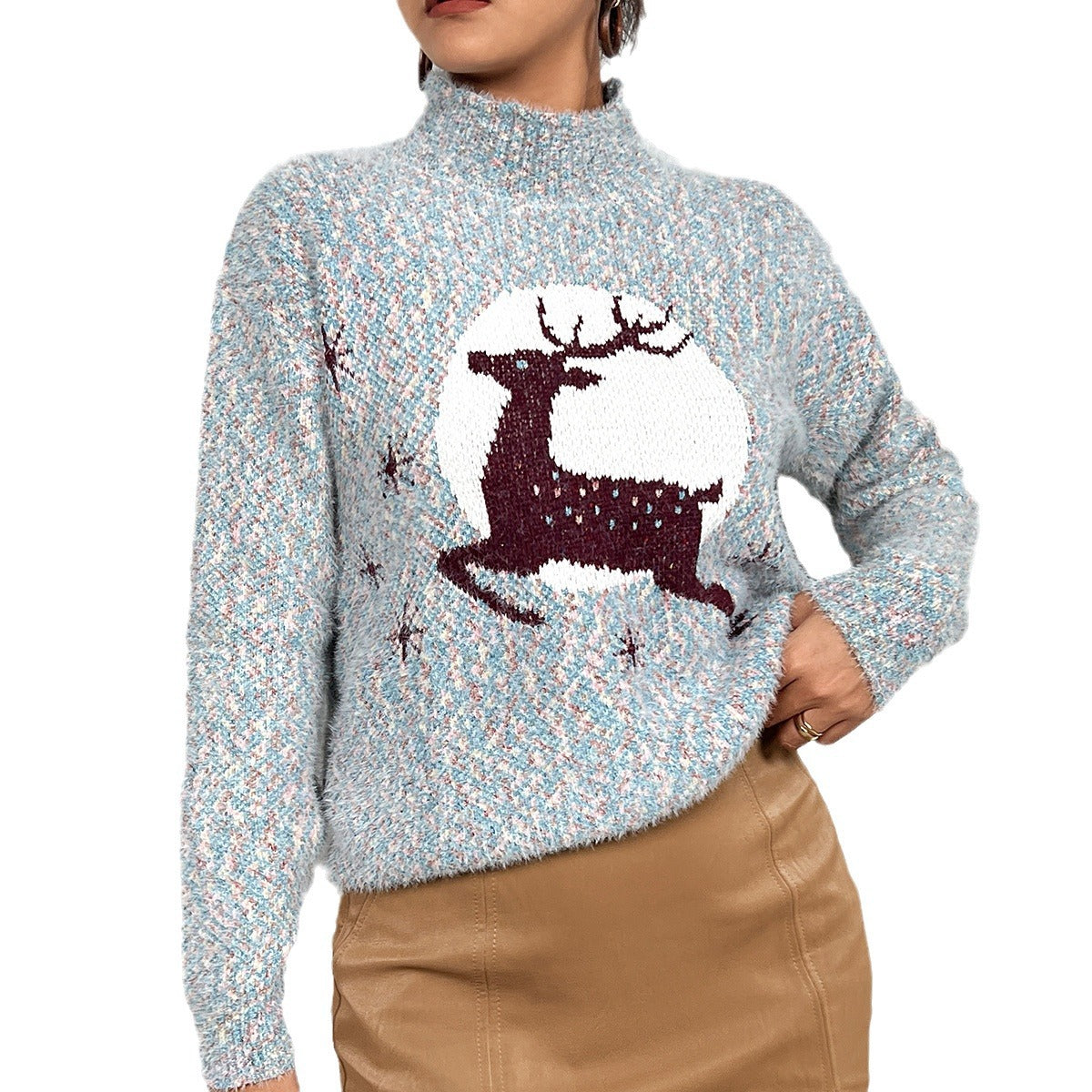 Damen Strickpullover mit festlichem Rentiermotiv und hochgeschlossenem Kragen Stalluxe