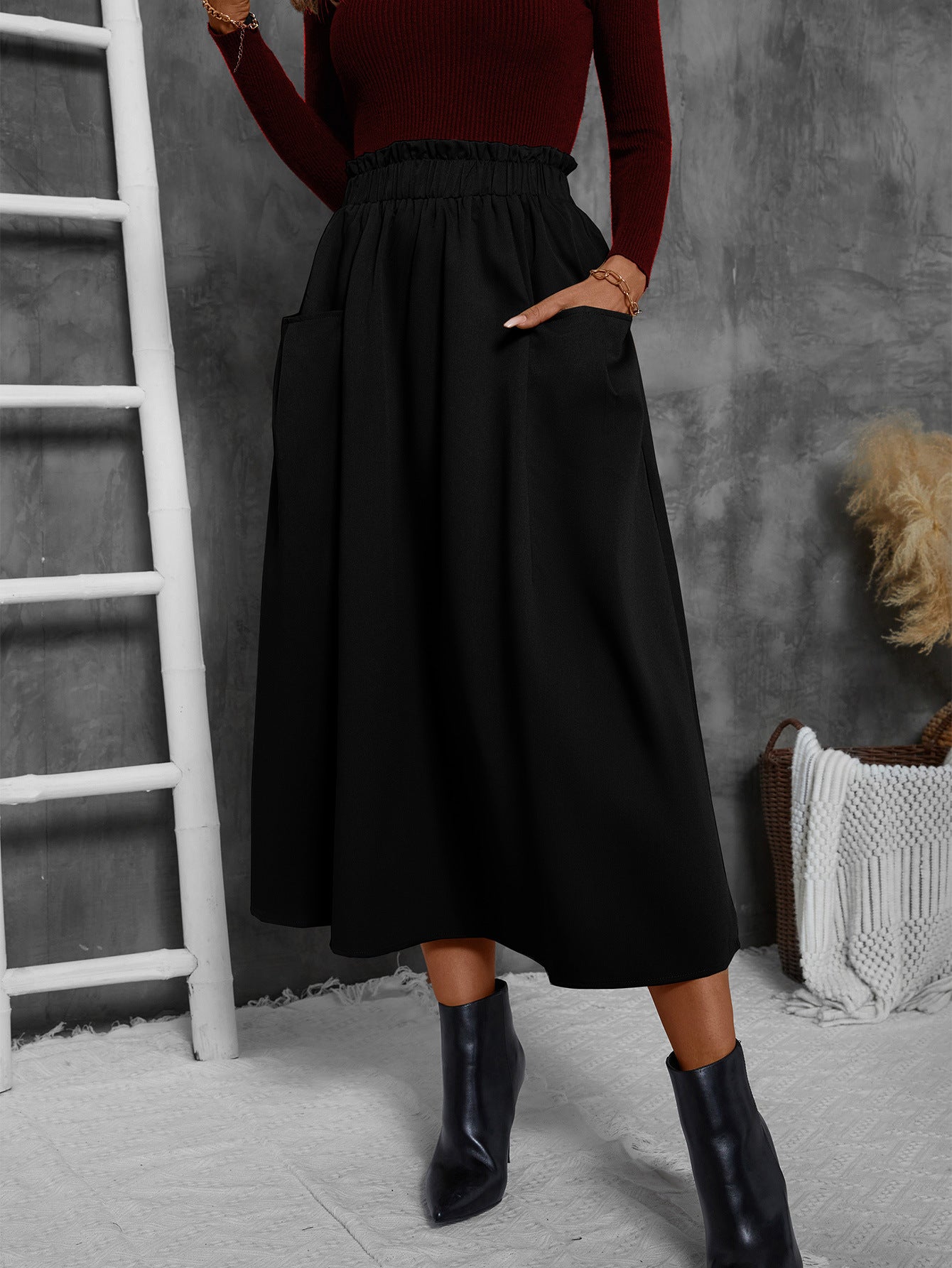 Damen Luftiger Midirock mit elastischem Bund und praktischen Taschen Stalluxe