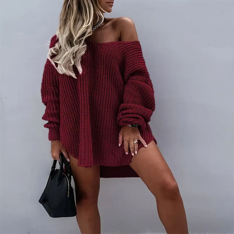 Damen Oversize Strickkleid mit weitem Rundhalsausschnitt und lässiger Passform Stalluxe