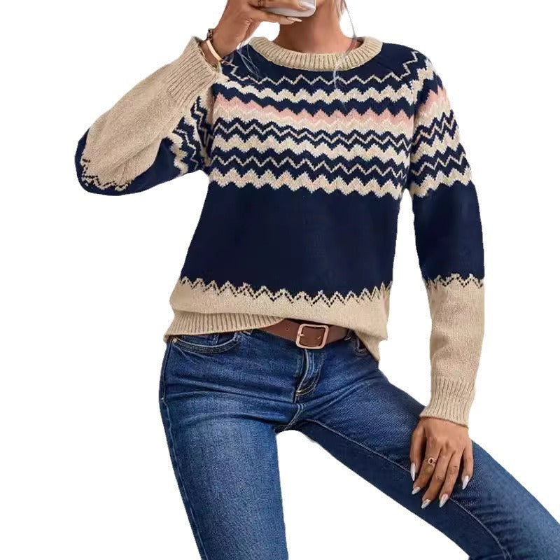 Damen elegante Strickpullover mit modernem Zick-Zack-Muster und Rundhalsausschnitt Stalluxe