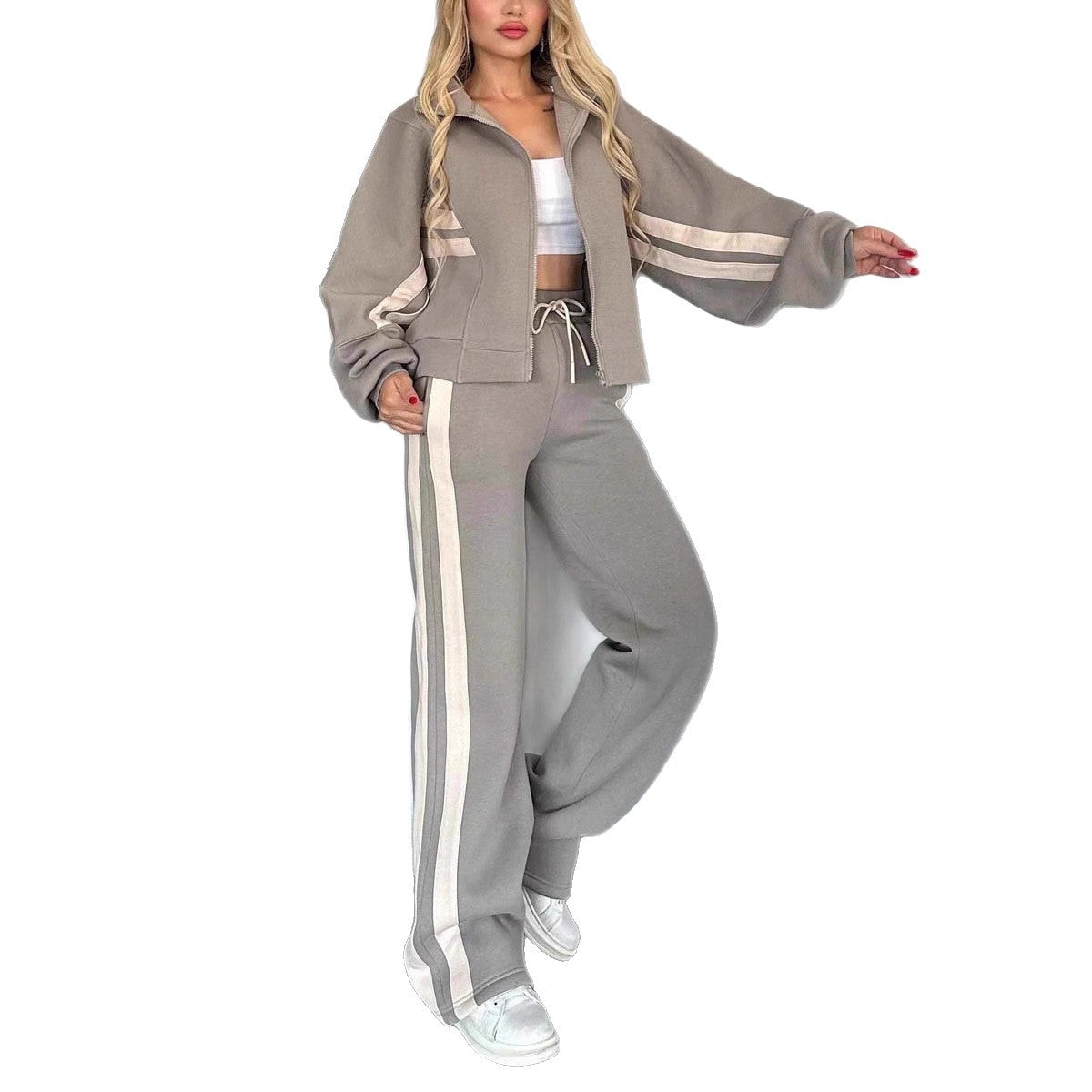 Damen modischer Sportanzug mit hohem Kragen und Kontraststreifen Stalluxe
