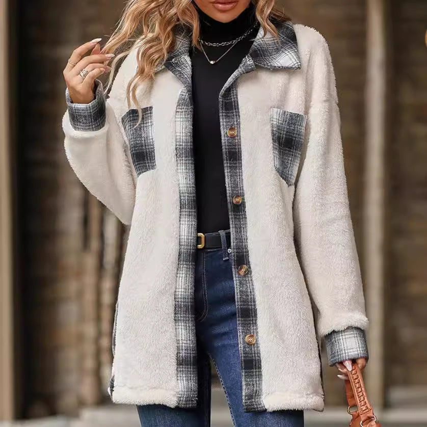 Damen flauschige Overshirtjacke mit kariertem Design Stalluxe
