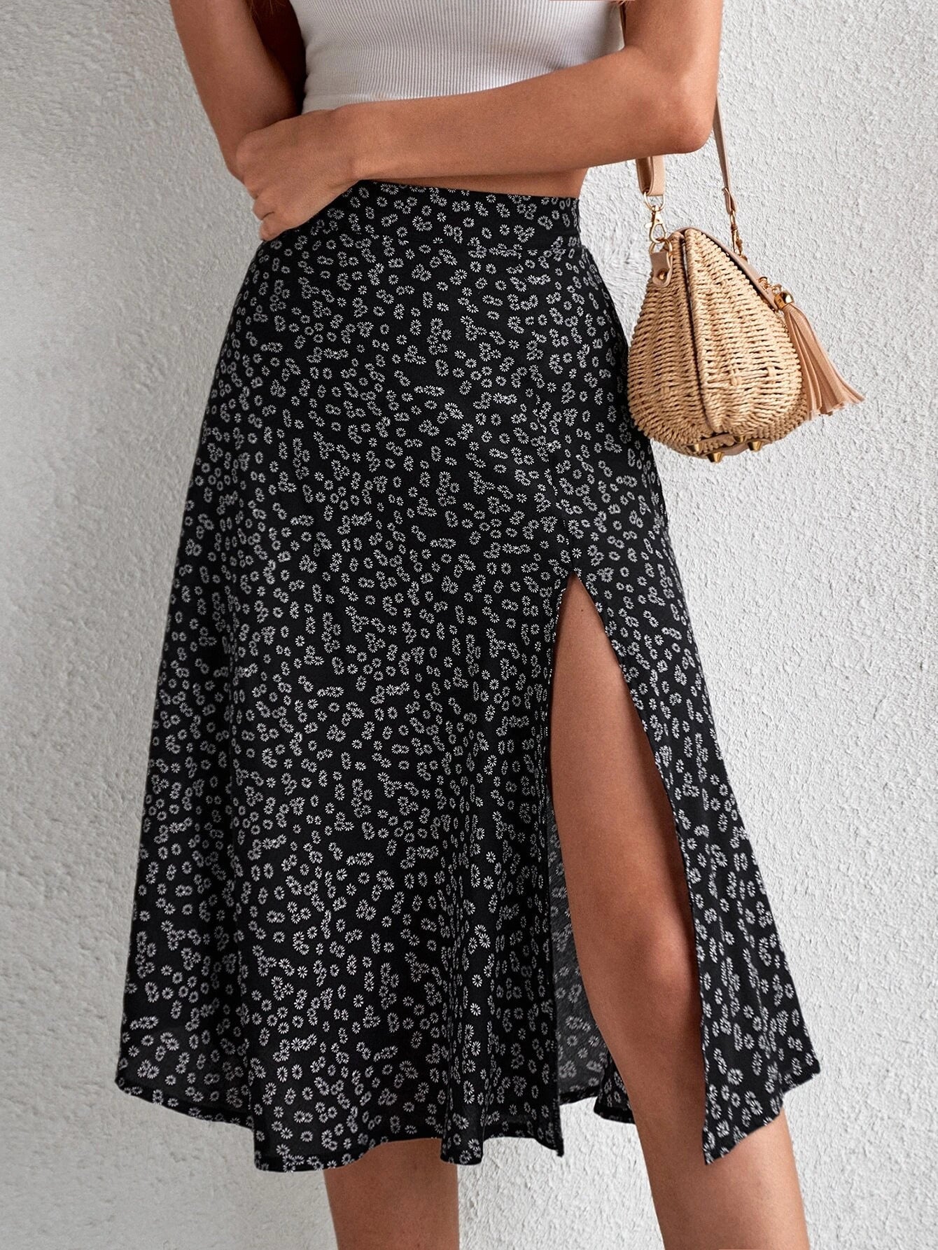 Damen Midi-Rock mit asymmetrischem Schlitz und floralem Muster Stalluxe