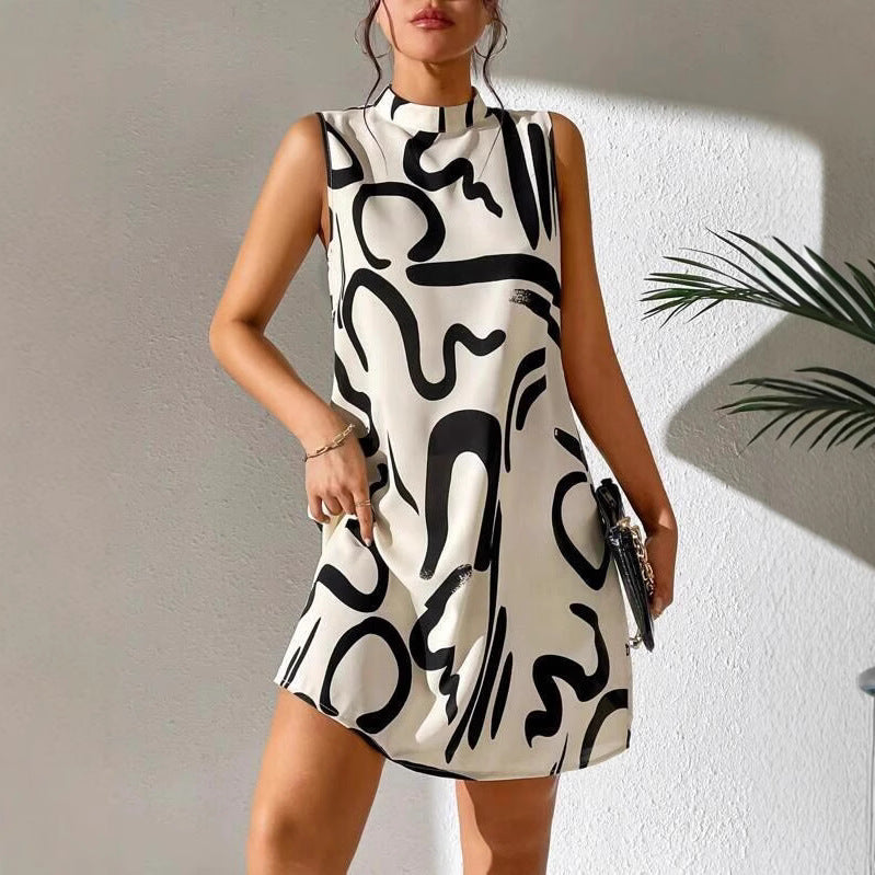 Damen A-linien Minikleid mit modernem grafischem Muster und Stehkragen Stalluxe