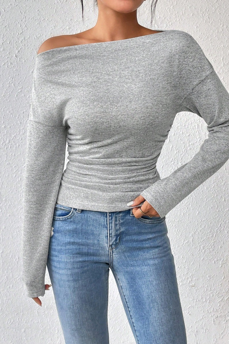 Damen figurbetontes Langarmtop mit asymmetrischem Ausschnitt und Raffungen Stalluxe