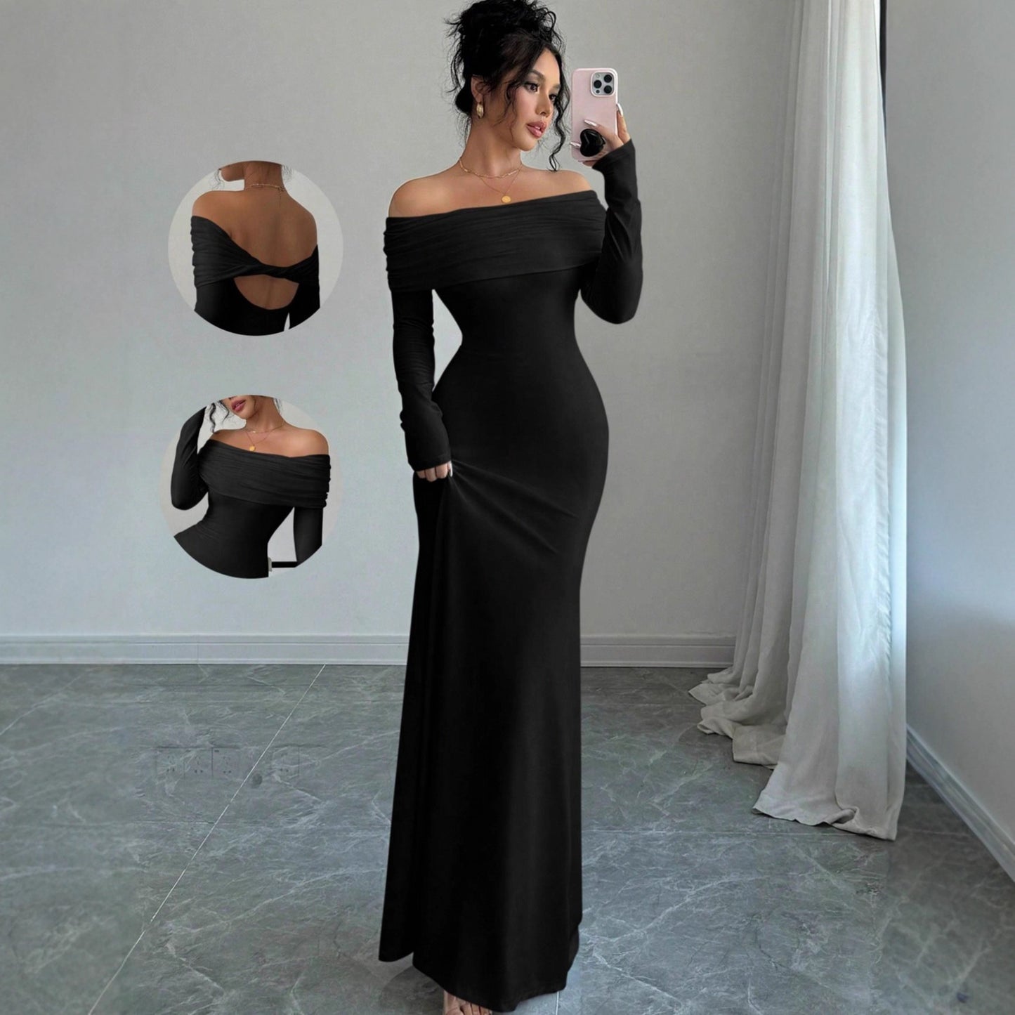 Damen elegantes Schulterfreies Langarm-Maxi-Kleid mit raffinierten Rückendetails Stalluxe
