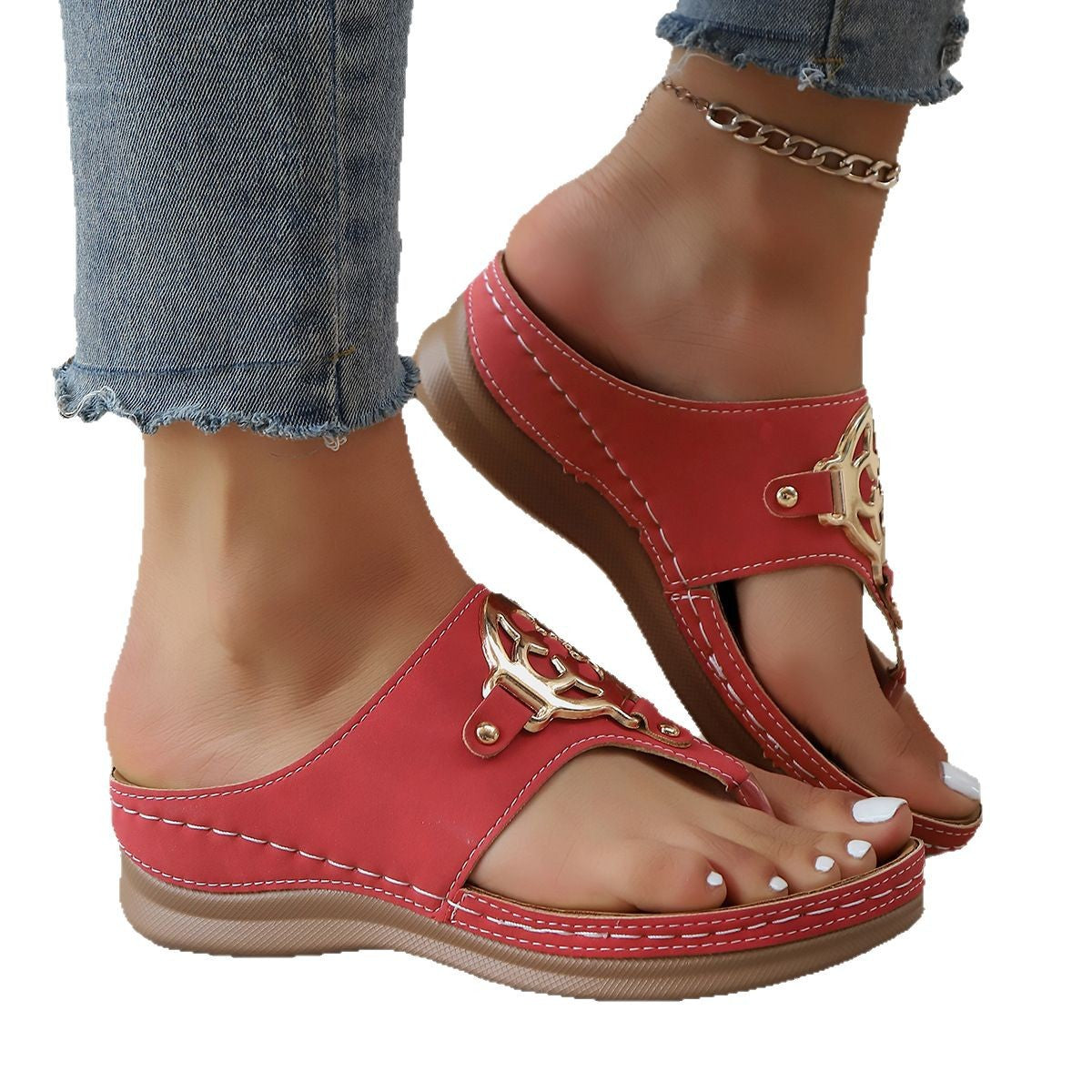 Damen Dekorative Flip-Flops mit elegantem Goldakzent und rutschfester Sohle Stalluxe