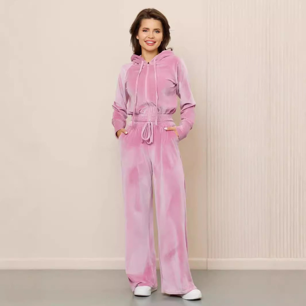 Damen luxuriöser Velours-Hoodie und weite Hose Set Stalluxe