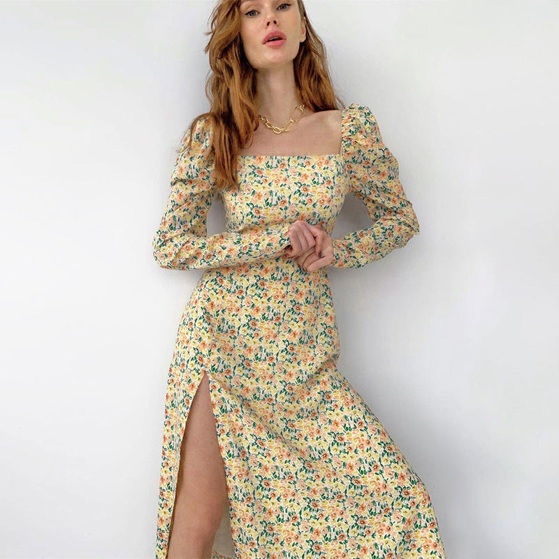 Damen Blütendes Maxikleid mit asymmetrischem Schlitz und Puffärmeln Stalluxe