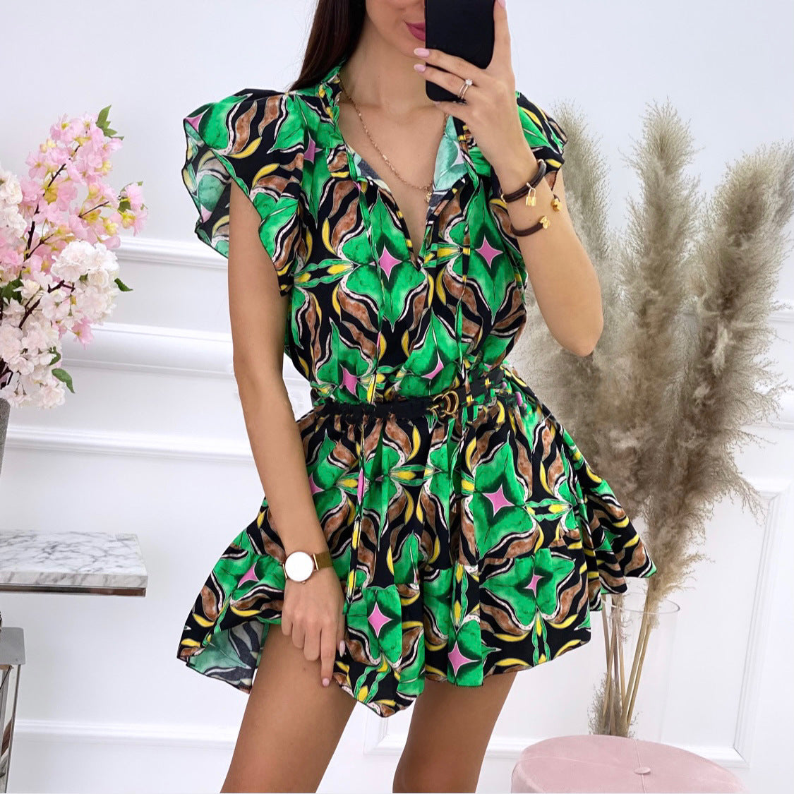 Damen Kurzes Hemdblusenkleid mit voluminösen Ärmeln und floralem Druck Stalluxe