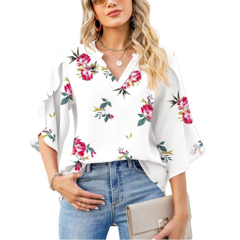 Women's Floral Print V-Neck Blouse Stalluxe