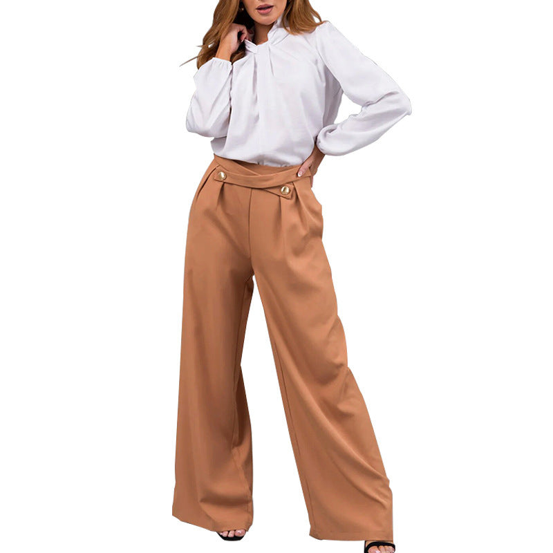 Damen elegante Bluse mit Bogenkragen und weiten Hose Stalluxe