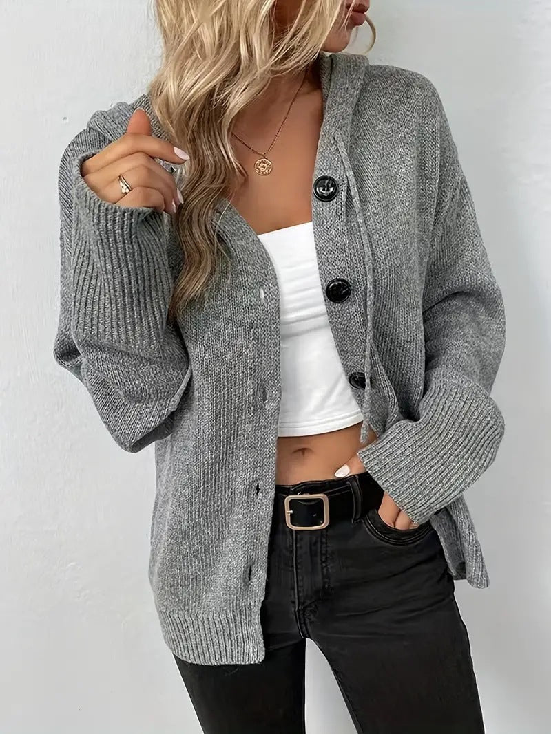 Damen gemütliche Strickjacke mit Kapuze und großen Knöpfen Stalluxe