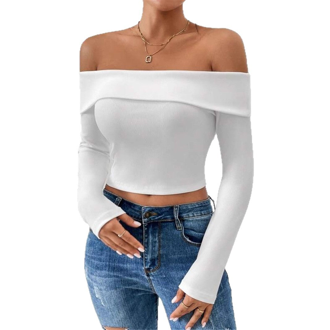 Damen Off-Shoulder Crop-Top mit langen Ärmeln und feiner Rippstruktur Stalluxe