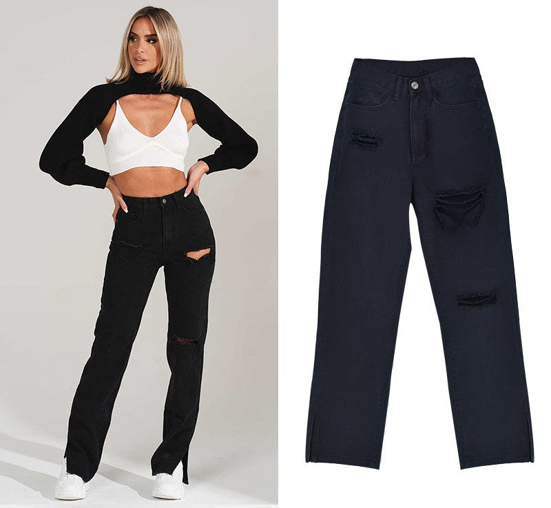 Damen lässige Ripped Jeans mit hoher Taille und modernen Fransen Stalluxe