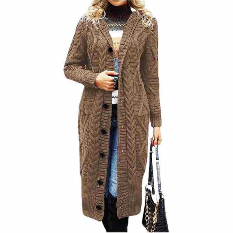 Damen Eleganter Strickmantel mit tiefem V-Ausschnitt und aufwendigem Zopfmuster Stalluxe